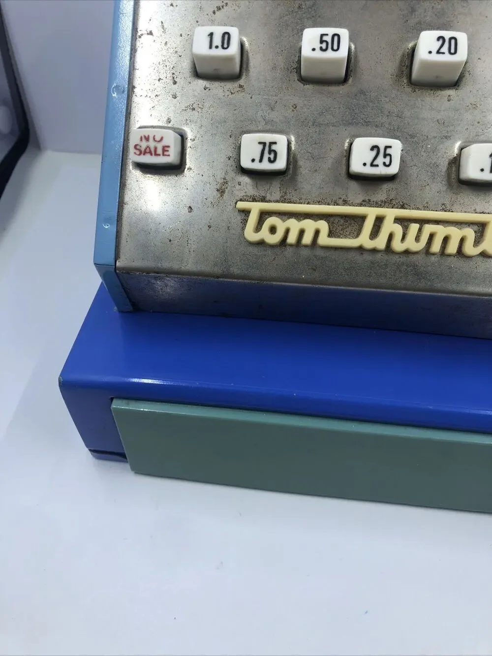 Vintage Blue Tom Thumb Toy Cash Register  Made in England- Works. US Pat￼￼